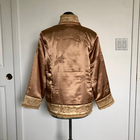 Light Copper Color Satiny Jacket with Embroidered Flowers and faux fur trim - Picture 7 of 14